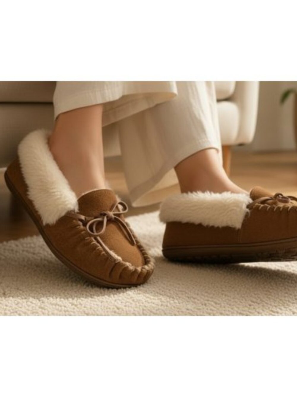 Brown Suede Faux Fur Lined Moccasin Style Slippers Ladies Size 8